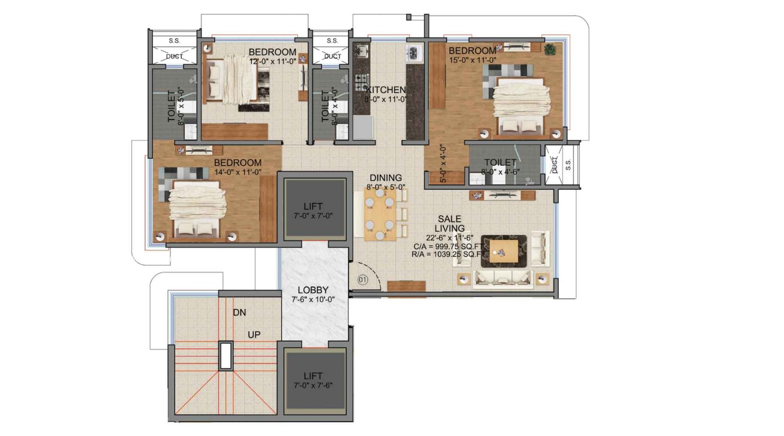 Zee-Manubharati-3-BHK-1039-Sqft-Floor-plan-Wing-B