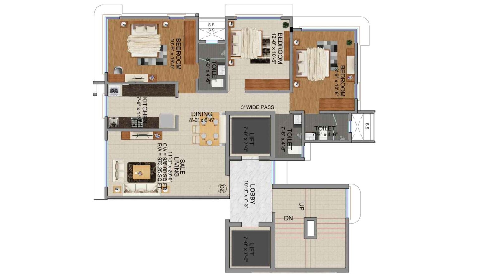 Zee-Manubharati-3-BHK-973-Sqft-Floor-plan-Wing-A